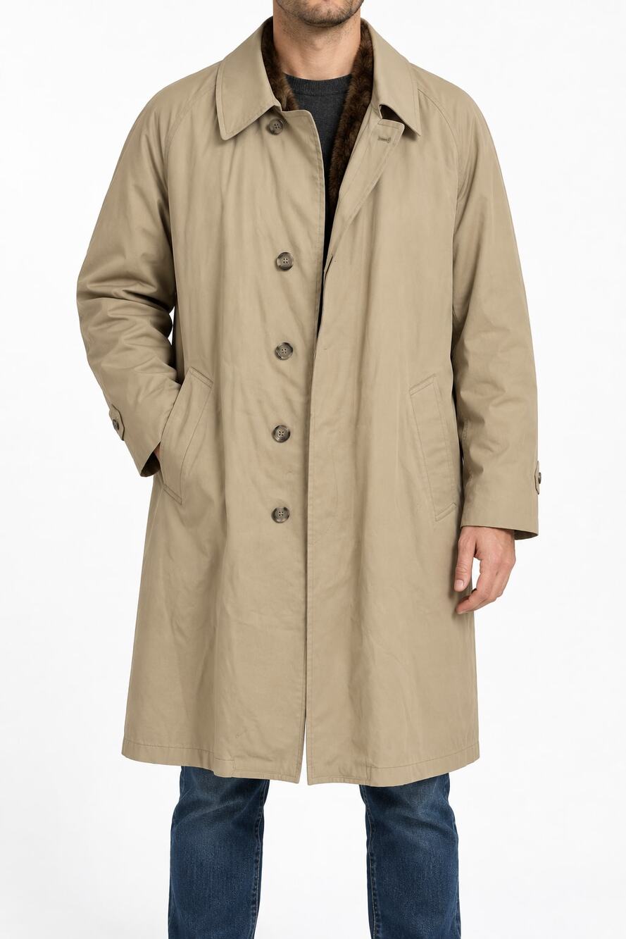 London Fog Men's 42 Long Tan Faux Fur Lined All Weather Trench Coat Raincoat